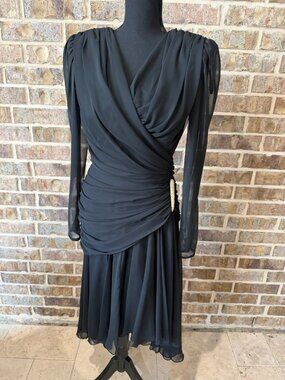 Elissa vintage 1980s black chiffon draped cocktail dress jeweled gathered 10